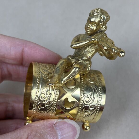 VTG 8pc Gold Tone Metal Angel Playing Violin Filigree Napkin Ring Holder Signed‎ - Picture 12 of 16